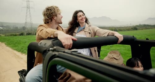 Friends, road trip and hands up in convertible, car and happy for journey with holiday