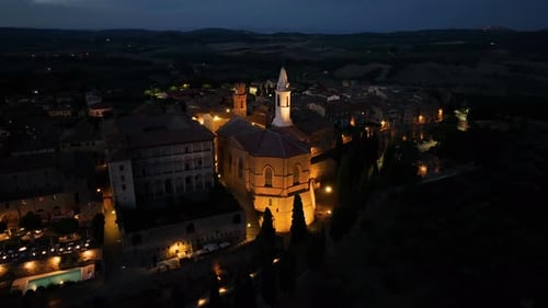 Night Aerial View of Medieval Pienza Town in Tuscany Siena Province Italy