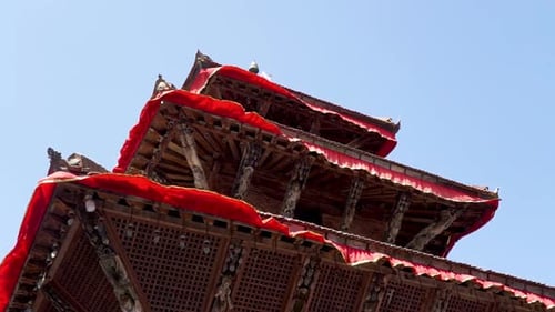 Low angle of Pagoda-style temple in Kathmandu’s Durbar Square, Nepal