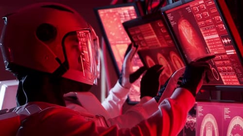 Team of Astronauts in a Space Suits Aboard the Mars Station A Crew of Cosmonauts Piloting the
