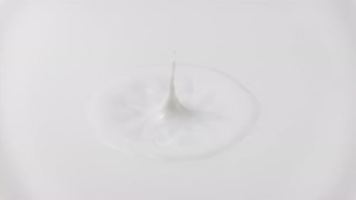 Goutte de lait frais qui tombe et éclabousse dans une mare laiteuse depuis le haut (anneaux au ralenti et sommet ondulé)