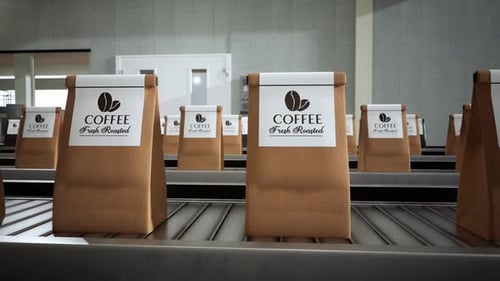 Roasted Coffee Beans In Package On Conveyor Belt In Factory. Coffee Production