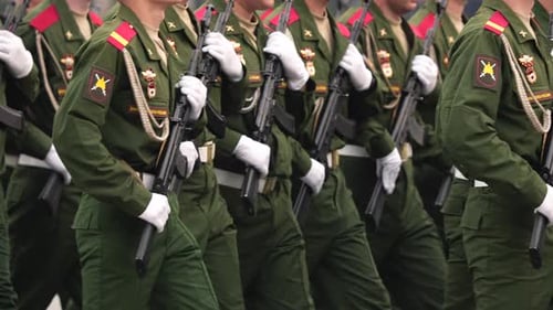 Ak 47 Rifle Close Up Soldier Hold Kalashnikov Gun Russian Military War Parade