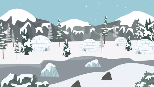 Animated Flat Design Winter Landscape with Igloos and Falling Snow ...