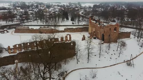 Ruins of Ancient Livonian Order's Stone Medieval Castle Latvia Aerial Drone Top Shot From Above . Re