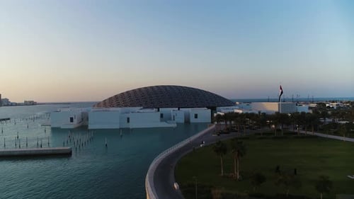 Aerial view of the Louvre, an art museum in Abu Dhabi.