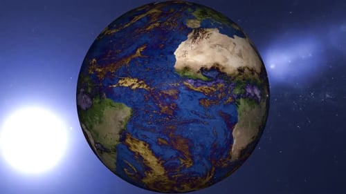 Realistic Rotating Earth Globe with Sun and Stars in Space