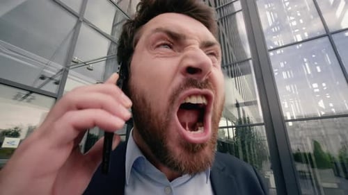 Furious Caucasian Middle Aged Business Man Yelling Mobile Phone City Arguing During Work Negotiation