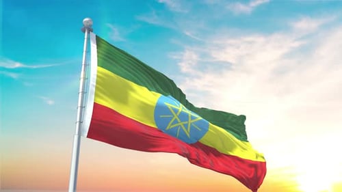 Ethiopian Flag Waving in the Wind with a Bright Sky Background