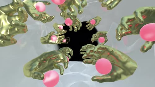 Abstract 3D Golden Hands with Pink Spheres Motion