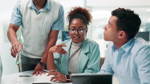 Employees, teamwork and tech for web design in office, discussion and online for programming code