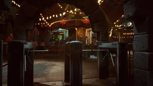 An Empty Amusement Park Stands Silent at Night Illuminated By Colorful Lights