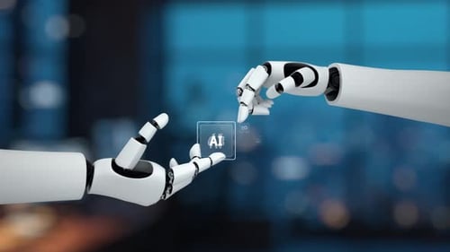 Conceito avançado de tecnologia de IA com mãos de robôs interagindo com símbolos e ícones de dados em um ambiente digital