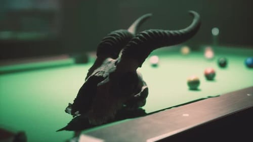 Fausse tête d'animal sur table de billard