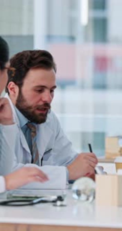 Healthcare, meeting or xray with doctors and hospital administrator in boardroom together