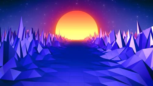 Abstrakte purpurblaue Retro-Landschaft im alten Stil der 80er, 90er Jahre mit Straße, Felsen, Bergen und Sonne
