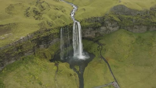 Aerial view of Seljalansfoss waterfall on the southern region of Iceland.