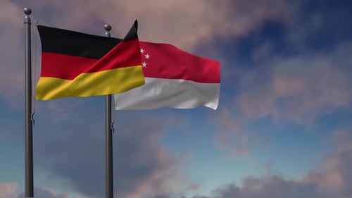 Germany and Singapore Flags Waving on Flagpoles
