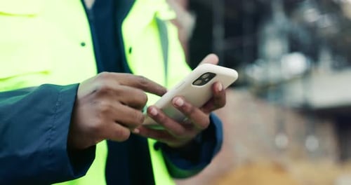 Hands, typing and phone on construction site with schedule, building app and research development