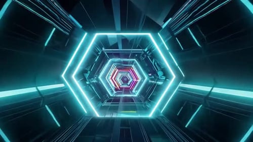 Hitech Neon Scifi Tunel Trendy Neon Glow Lines Form Pattern and Construction in Mirror Tunnel Fly