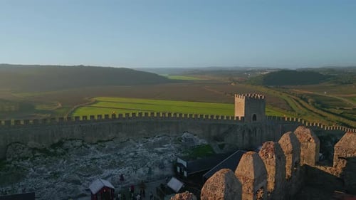 Castle Walls Stretching Green Valley Countryside Drone View Scenic Landscape