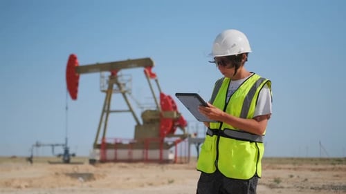 Engineer Conducting Remote Technical Survey Engineer Analyzing Telemetry Data at Remote Petroleum