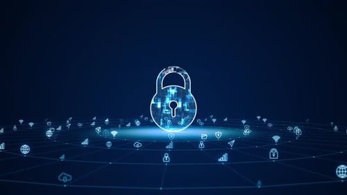 Logo de clé de sécurité numérique bleue avec icône technologique futuriste et connexion linéaire avec cercle