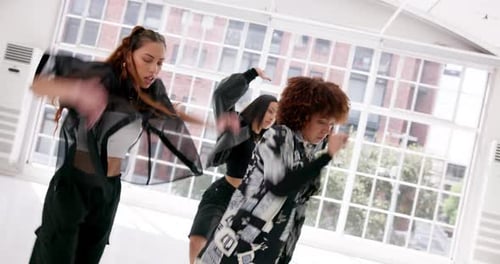 Art, dance and hip hop with people in studio for choreography, rehearsal or training together