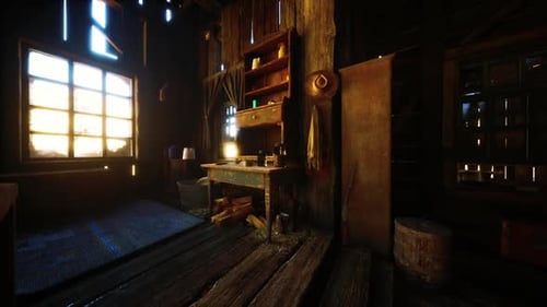 Grungy Rustic Old Cabin Interior with Sun Rays