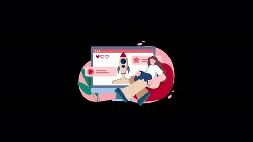 Person, die mit einer Raketenillustration auf einem Computerbildschirm sitzt