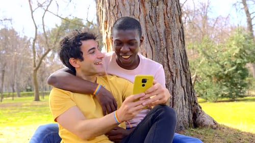 Couple of multiethnic men in a park, lgbt concept, sitting next to a tree having fun with a yellow m