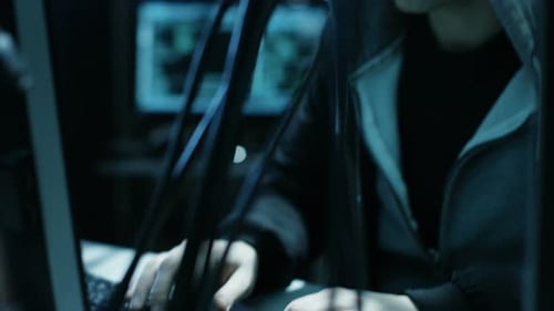 Young Adult Coding at Computer in Dark Room