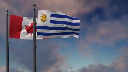 Flags of Canada and Uruguay Waving in Realistic Sky
