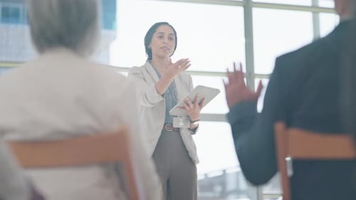 Presentation, meeting and woman with question in audience for conference, training or tradeshow