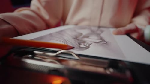 Closeup Front View Faceless Fashion Designer Sketching Women's Clothing Using Pencil Technique