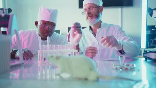 Scientists Working in Lab with White Rat