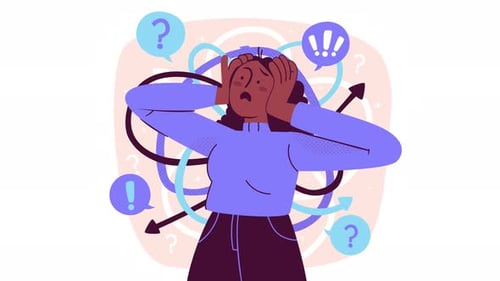 confused brunette woman with question marks all around animation 4k