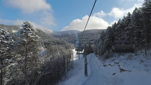 Riding on Ski Lift Between Snow Covered Pinetrees in the Morning POV Shot Winter Vacation Concept