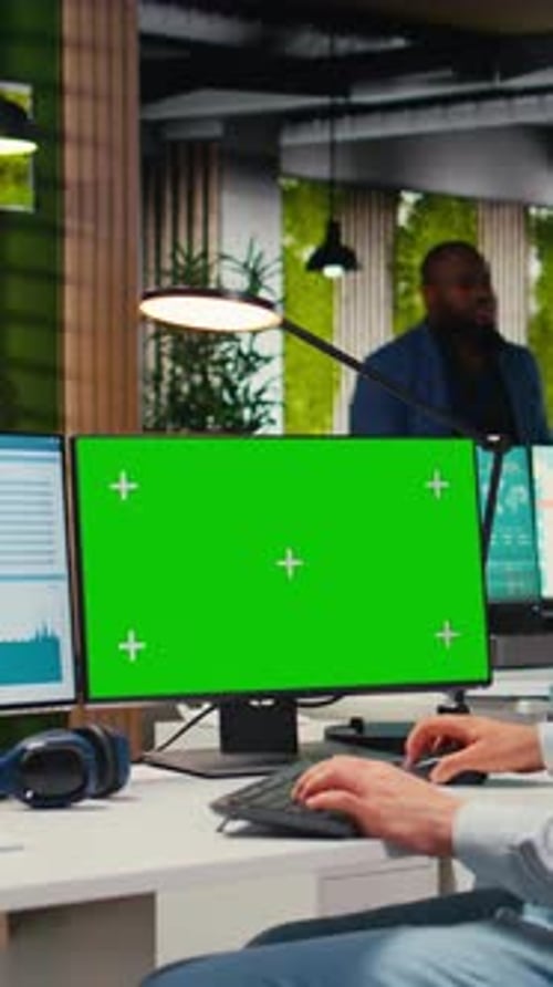 Vertical Video Office Advisor Examining KPI Indicators Next to Isolated Copy Space