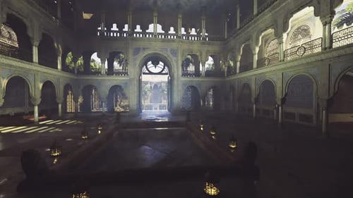 Imposing Venue with Open Courtyard and Vintage Lighting Accents for Storytelling