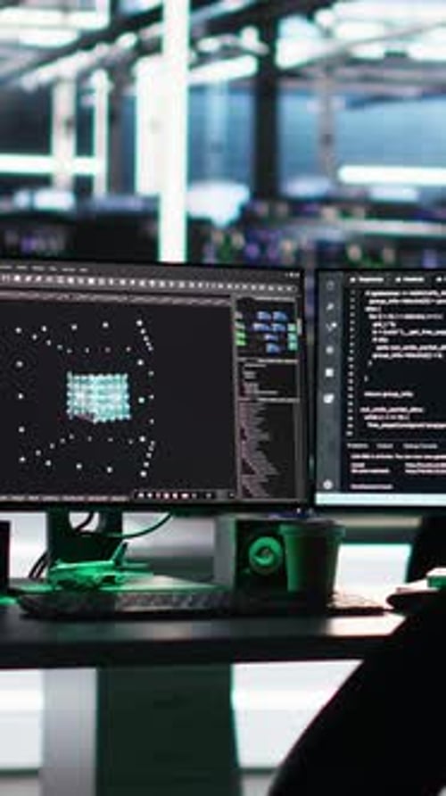 Vertikale Videomonitore im Rechenzentrum mit Node-Tree-Programmiersoftware
