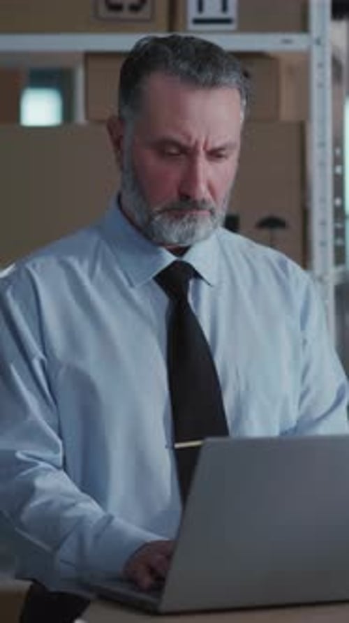 Man Types on Computer in Warehouse