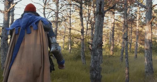 Ein Spaziergang im Wald Ein Mann mit Bart in einem mittelalterlichen Kostüm eines Ritters, der sich umschaut, Rückansicht