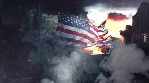 Grunge American Flag in Post-Apocalyptic City Conflict