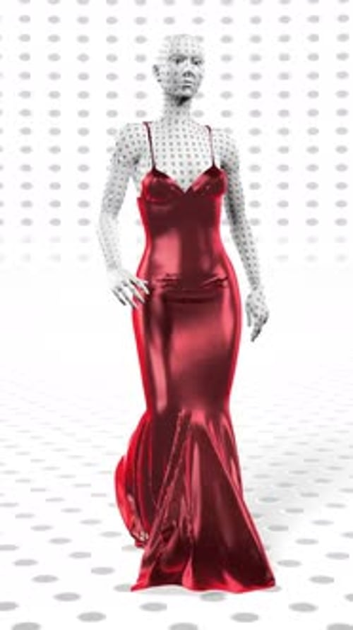 Futuristic female android figure in elegant red silk dress against white dotted background.
