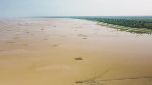 Drone fly over, view along the Tonle Sap shore line and arrow headed fish traps.