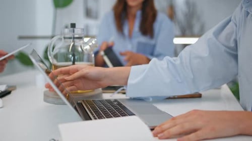 Freelancer Hands Using Laptop Closeup Corporate Manager Work Online in Office