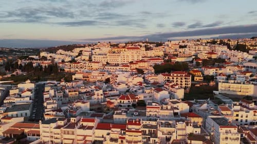 Panoramic Aerial View Of Historic Town With Red Tiled Roof Houses In Lisbon, Portugal. Drone Shot
