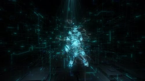 Futuristic Digital Human Figure in Abstract Cyber Network