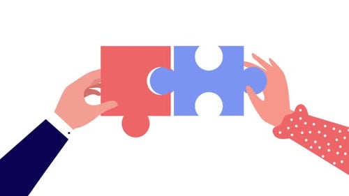 Animated Hands Connect Two Puzzle Pieces for Collaboration Concept